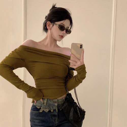 Lady One-Shoulder Fleece Long-Sleeve T-Shirt, 2025 Early Autumn Shoulder-Stripping Slimming Irregular Short-Sleeve Base Shirt Top