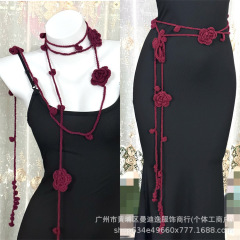设计感小众y2k针织红色玫瑰花腰带女士腰链配饰裙子编织围脖颈链