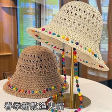 新款彩珠草帽子女款编织镂空透气泫雅风彩色遮阳帽海边拍照可折叠