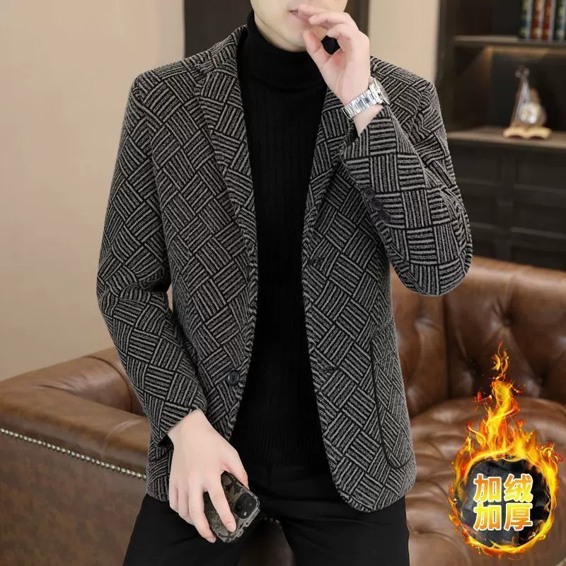 新款秋冬季西装毛呢大衣男士短款呢子外套加绒加厚保暖西服上衣