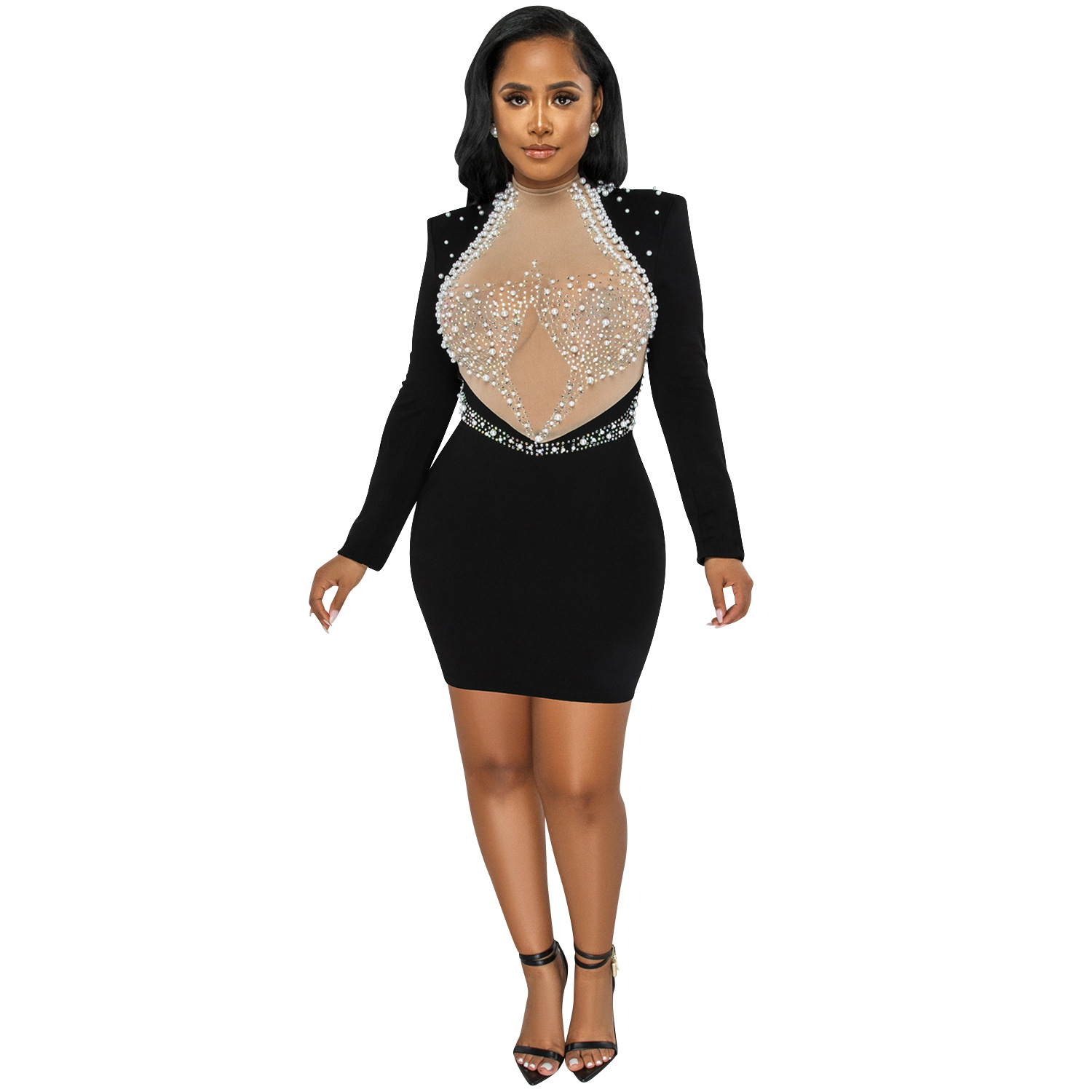 X5681 AliExpress moda sexy club nocturno caliente rhinestone malla ver-a través de espuma sin respaldo de manga larga MIDI vestido de las mujeres