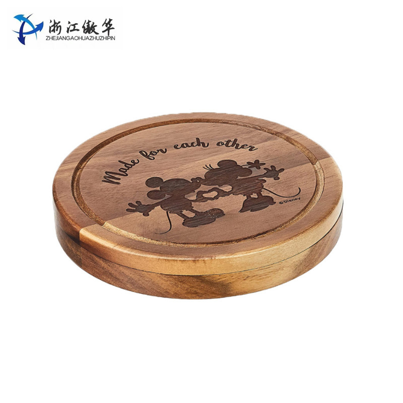 Round Acacia Wooden Cheese Plate with Knife Factory Dinner Plate logo Can Set Creative Mickey Mickey Mouse