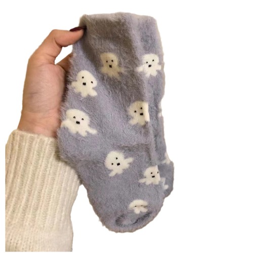 Socks for women in autumn and winter new style Japanese cute cartoon animals imitation mink plush socks plus velvet sleeping floor socks thick