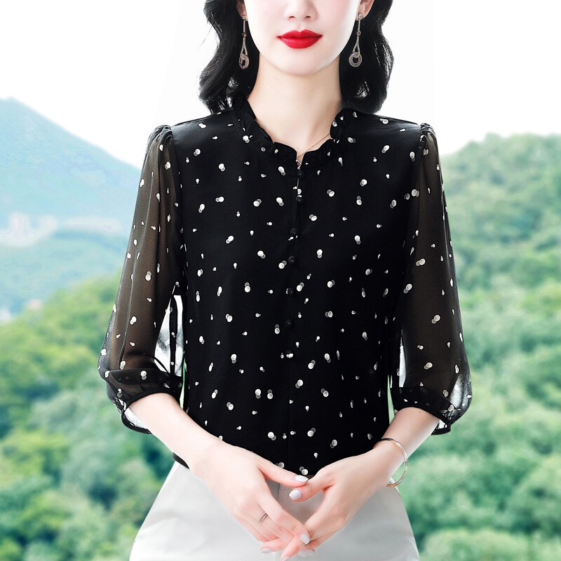 Hangzhou Heavyweight Silk Shirt for Women, New Summer Style, Elegant and Fashionable for Middle-Aged Moms, with Ruffled Edges Hangzhou Heavyweight Silk Shirt for Women, New Summer Style, Elegant and Fashionable for Middle-Aged Moms, with Ruffled Edges