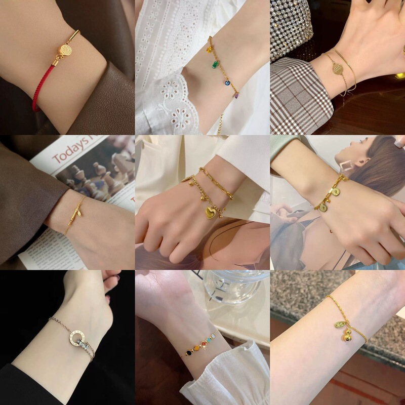 Cross-Border Hot Selling All-Over Titanium Steel Four-Leaf Clover Bracelet for Girls Red Rope Exquisite Light Luxury High-End Non-Fading Hand Jewelry