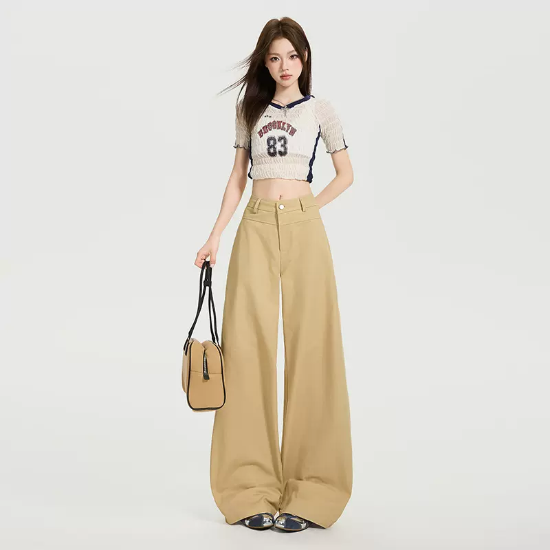 稚橘#美拉德复古卡其色阔腿休闲裤女宽松显瘦遮胯气质百搭直筒裤