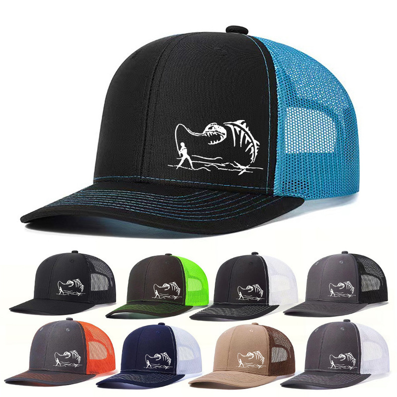 Richardson Fisherman Print Mesh Cap Trucker Slightly Curved Baseball Cap Deep Brim Street Dance Trendy Men's Duckbill Cap