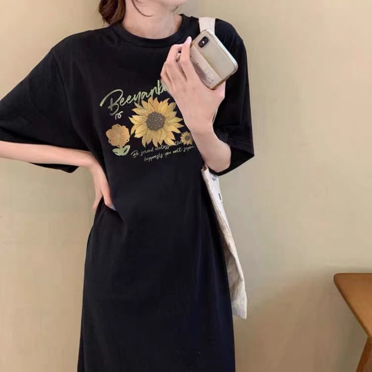 เดรสเสื้อยืดแขนสั้นผู้หญิง, เดรสทรงหลวมลำลอง2024ยาวเหนือเข่าสำหรับฤดูใบไม้ผลิ/ฤดูร้อน