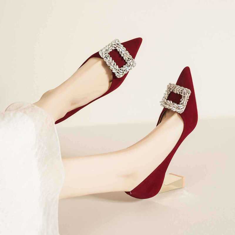 7777L-222 Hot-Selling Luxury Red-Soled Diamond Square Buckle Burgundy Wedding Shoes with Suede Pointed Toe and Metal Chunky High Heels 7777L-222 Hot-Selling Luxury Red-Soled Diamond Square Buckle Burgundy Wedding Shoes with Suede Pointed Toe and Metal Chunky High Heels