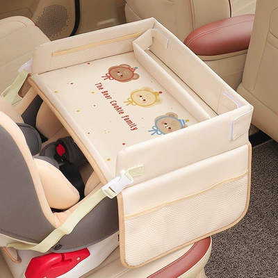 Car Child Safety Seat Tray Cartoon Car-Mounted Waterproof Storage Dining Table Multifunctional Baby Stroller Small Table Board (Car table board) - leather-style-square-hat-bear