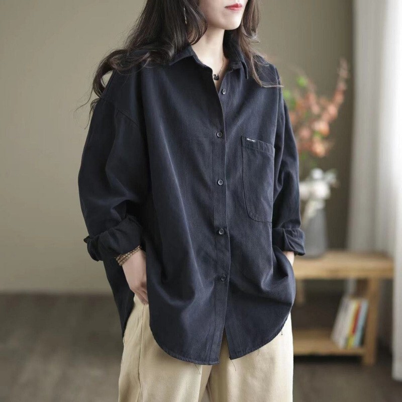 日系原单文艺复古2025秋季新款落肩袖外套女宽松显瘦翻领黑色衬衫|undefined