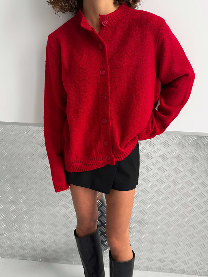 Áo cardigan len dệt kim cổ tròn dáng rộng phong cách Âu Mỹ — Màu vàng nhạt, Màu đỏ sẫm, Xanh ô liu, màu xám chi tiết 8