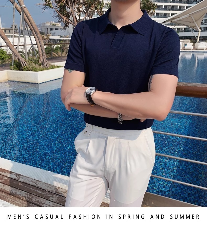 Men's Slim Fit Polo Shirt Silky Cotton Ice Silk Knitted Seagull Collar Short Sleeve Casual Workwear Trendy Sweatshirt_viptrois.com