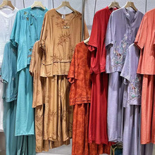 嫚莎MS.原创设计师套装24夏复古刺绣亚麻两件套女装尾单清货服装