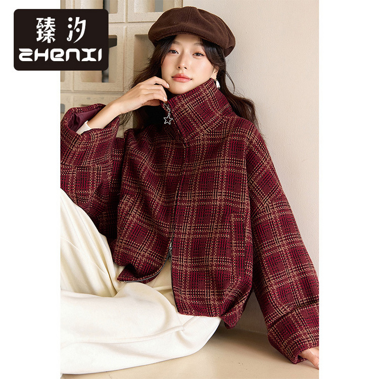 Zhenxi New Retro Quilted Plaid Woolen Jacket Women's Sheep Wool Loose Casual Zipper Jacket Cr268