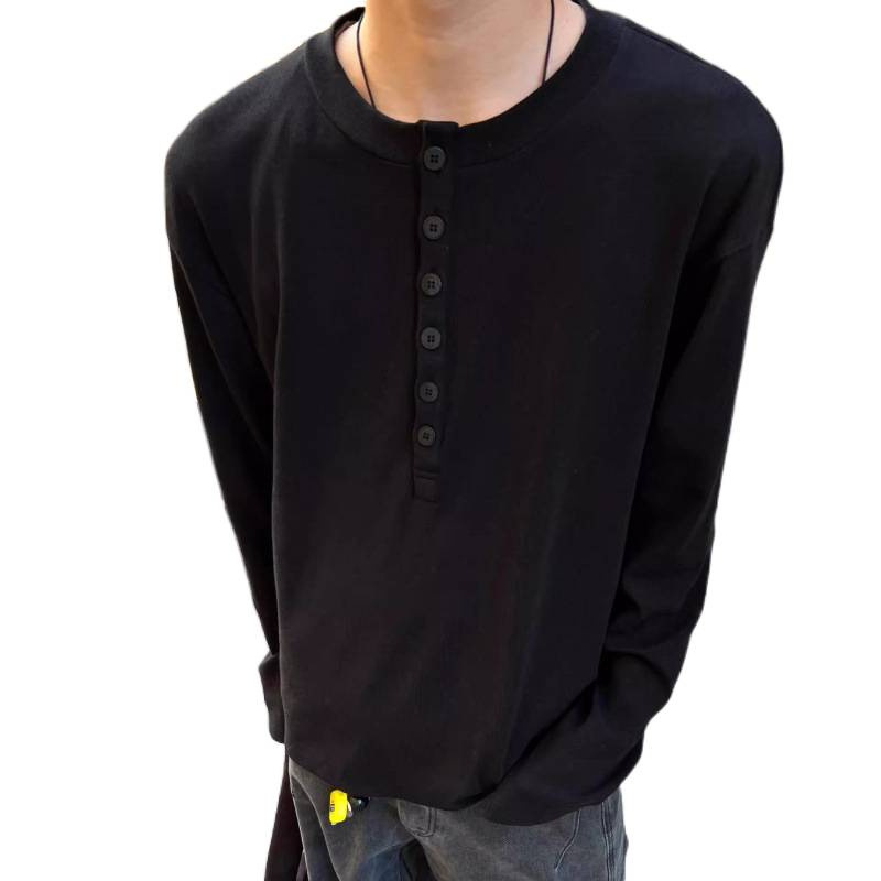 Men's Henley Long Sleeve T-shirt Solid Colour Base Pullover_voghion.com