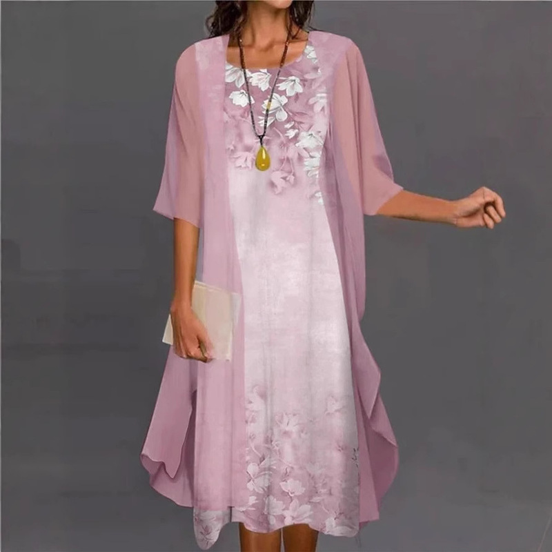 2022 European and American Amazon Summer Women's Casual dress Two-Piece Flower-Print Round Neck Slim-Fit Dress Women