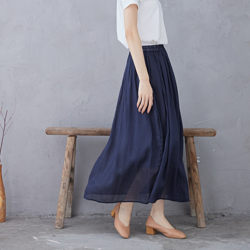 Ramie Skirt, Two-Layer Brand Gu Yun Duo Pleated Skirt, Long Skirt, Ankle-Length, Loose, Plus Size, Women's Navy Blue, New Chinese Style