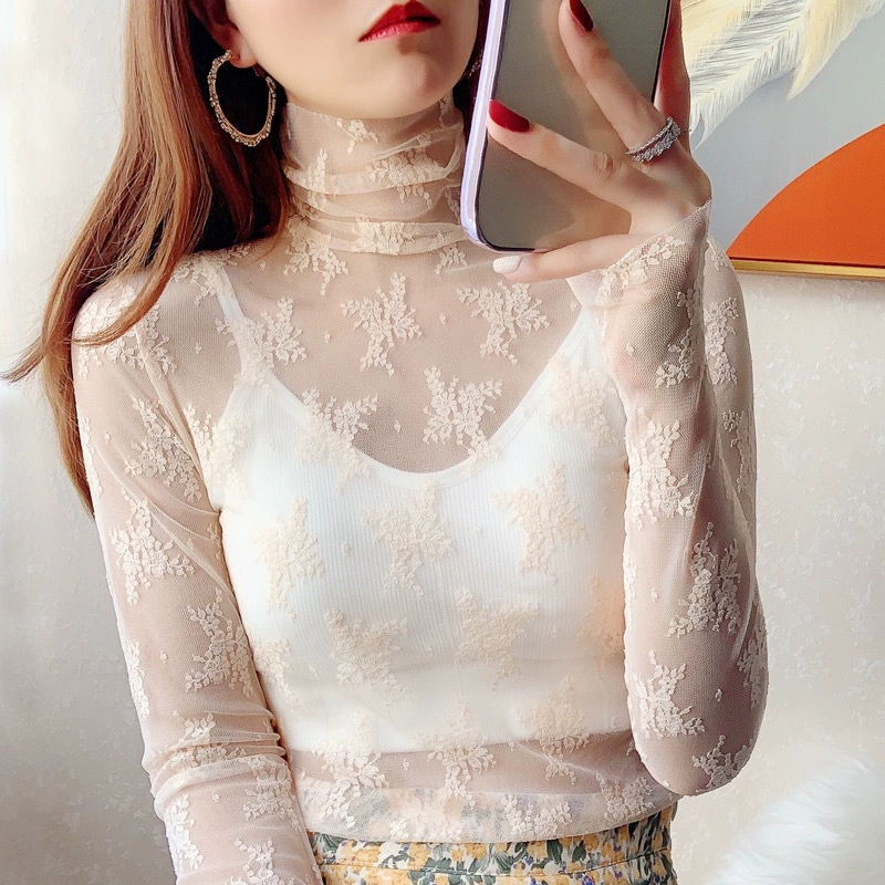 Женская водолазка с кружевным низом, тонкая осенне-зимняя Новинка, свитер в западном стиле, марлевая внутренняя часть, белый полый сетчатый топ