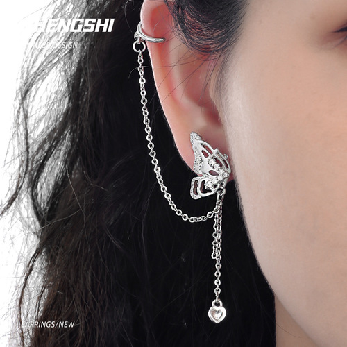 New butterfly earrings, one-piece ear buckle design, niche light luxury, high-end earrings, long style, trendy, unique and super fairy earrings