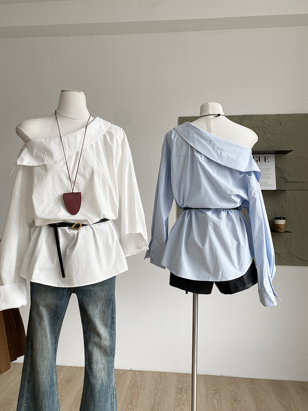 【Autumn New Arrival】尽情美丽尽情装扮自己#斜肩纯色收腰衬衫|undefined