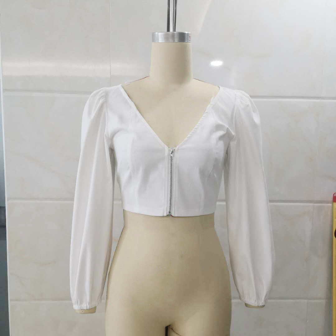 Лонгслив, короткая рубашка, кардиган с молнией, европейский стиль, (Трансграничная торговля), по фигуре, V-образный вырез, рукава фонарики