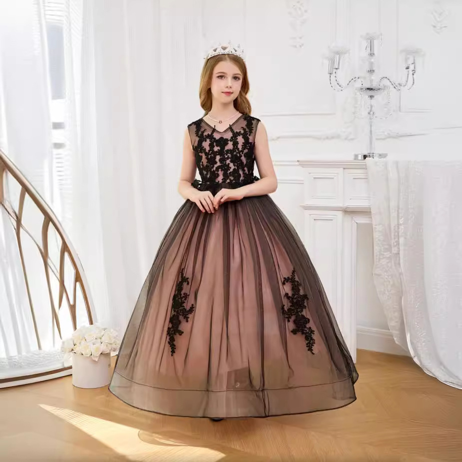 Comercio exterior transfronterizo encaje de manga media con diamantes vestido de niña vestido de princesa vestido de flor de niños espectáculo largo anfitrión de rendimiento Liu Yan