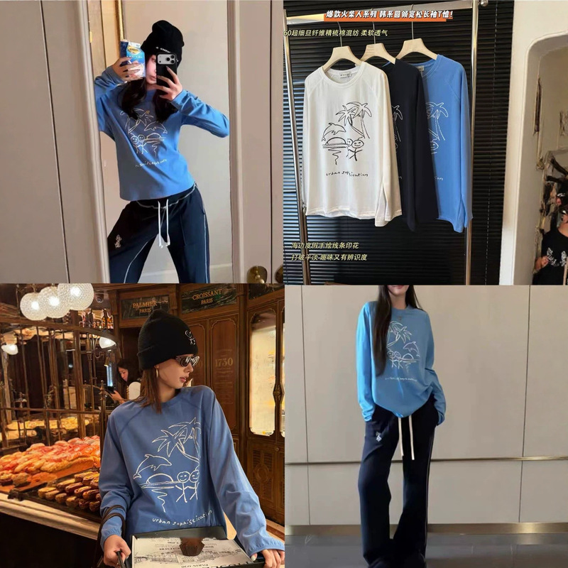 Korean Urban Matchstick Man new sunset sea view graffiti print long-sleeve T-shirt, loose fit, casual and versatile Korean Urban Matchstick Man new sunset sea view graffiti print long-sleeve T-shirt, loose fit, casual and versatile