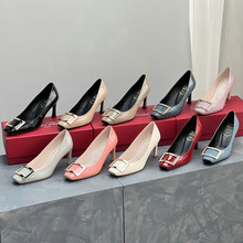 原定顶版！欧美高端真皮女单鞋方扣高跟黑丝袜工作鞋商务正装婚鞋