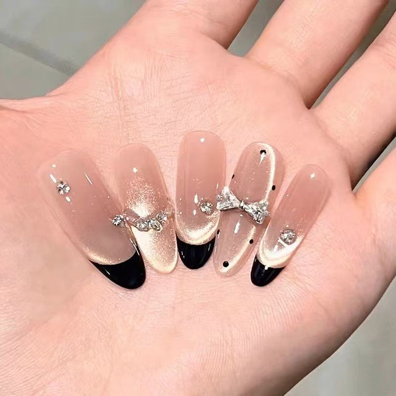 Wearable Nails Pure Handmade Black French Polka Dot Cat Eye Bow Nail Patch High-End Accessible Luxury Nail Patch