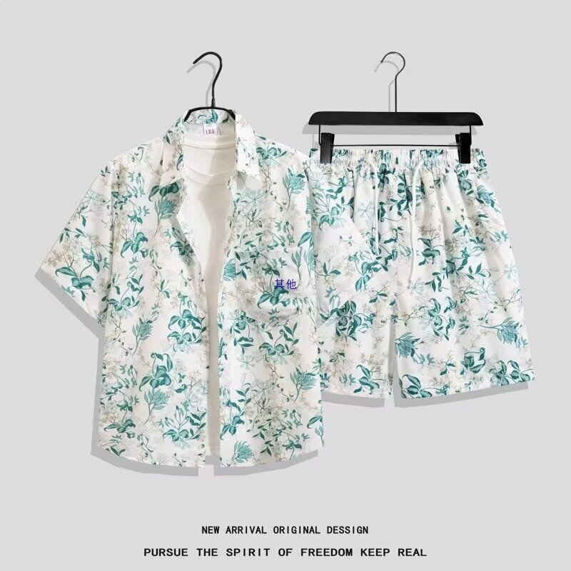 Ice Silk Suit for Men, Quick-Drying Summer Short-Sleeved Shirt, Loose Large Size Floral Beach Shorts, Couple Matching Outfits, Trendy Ice Silk Suit for Men, Quick-Drying Summer Short-Sleeved Shirt, Loose Large Size Floral Beach Shorts, Couple Matching Outfits, Trendy
