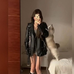 美式酷飒风黑色皮衣外套女秋季宽松高级感炸街机车服pu皮夹克上衣