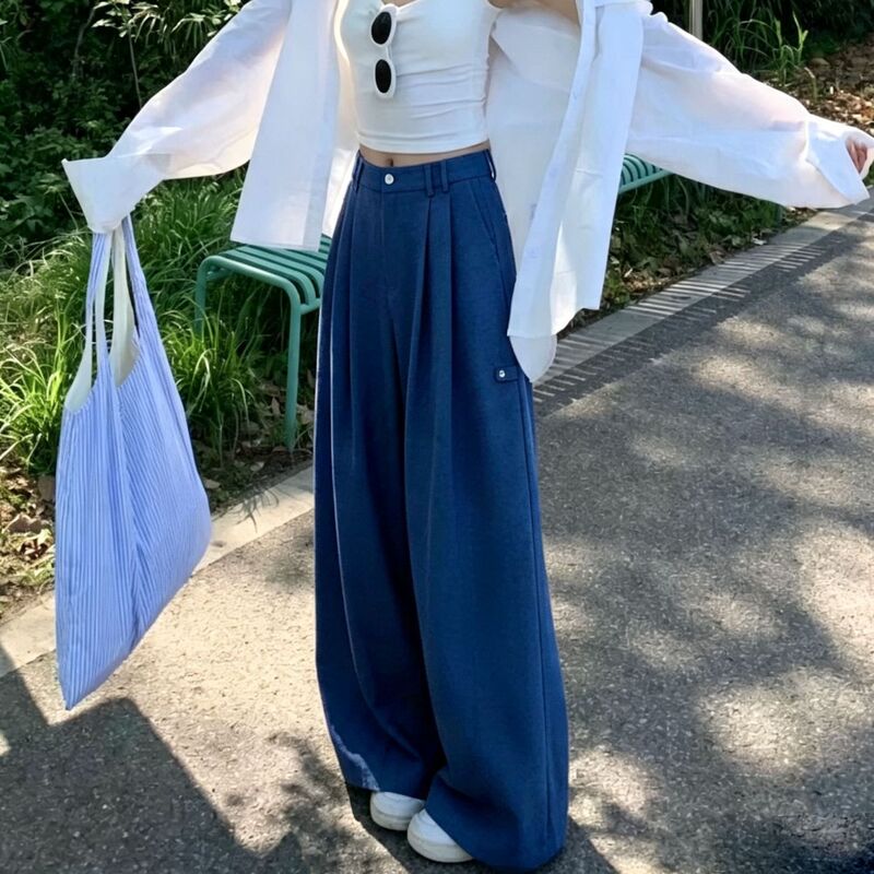 Japanese-style blue curved hem pants with elastic waist for women, 2026 early autumn new model, drapey loose wide-leg sports casual pants Japanese-style blue curved hem pants with elastic waist for women, 2026 early autumn new model, drapey loose wide-leg sports casual pants