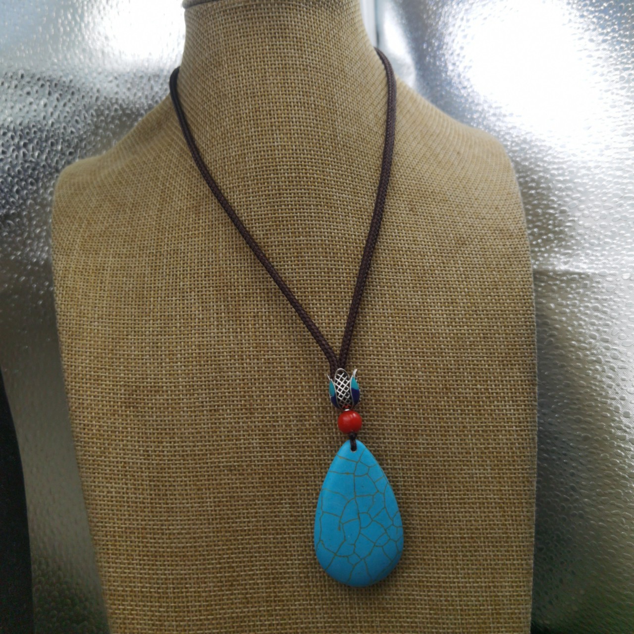Retro turquoise ethnic pendant for elderly drop-shaped