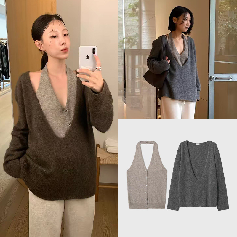 Fan Sun·Xh Korean Style Lee Kum Ho Same Style Knitted Halter/V-Neck Knitwear Dongdaemun Autumn New Set for Women