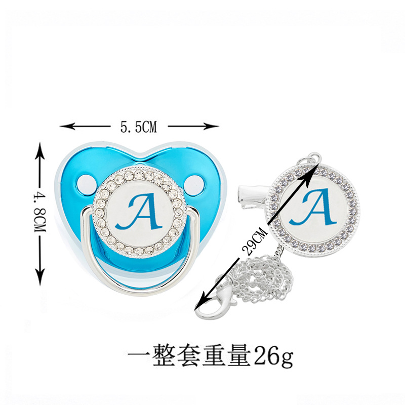 Venta caliente transfronteriza 26 letras serie Azul bebé punto diamante pezón bebé chupete boca con clip de letra