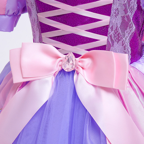  New Frozen Long Hair Princess Elegant Bow Girl Puffy Skirt Princess Bubble Sleeve Evening Dress 