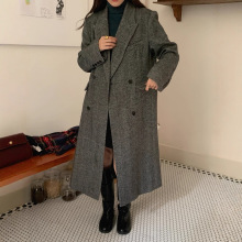 现货实拍 法式复古 人字纹毛呢西装外套双排扣中长款呢子大衣女装