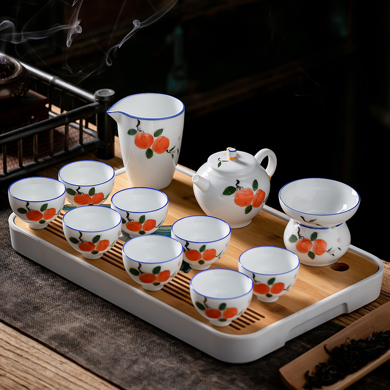 Juego de té de Kung Fu de cerámica de estilo japonés traje de hogar pintado a mano porcelana blanca sancai Tazón de cubierta taza de té tetera