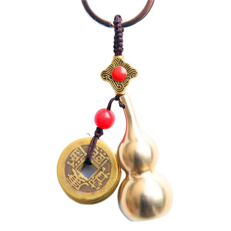 純銅五帝銭キーホルダー真鍮ひょうたんストラップ中空福禄自動車ペンダント純銅観光地露店装飾