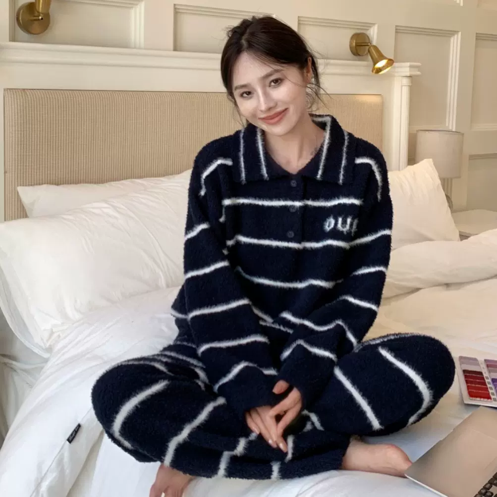 1071半边绒睡衣套装翻领条纹秋冬新款宽松显瘦保暖家居服加绒加厚