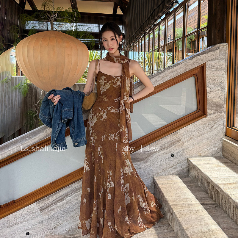 LS Vintage Print Resort Style Strap Dress Guangzhou Thirteen Lines 2026 Early Autumn New Women's Clothing 61870 #