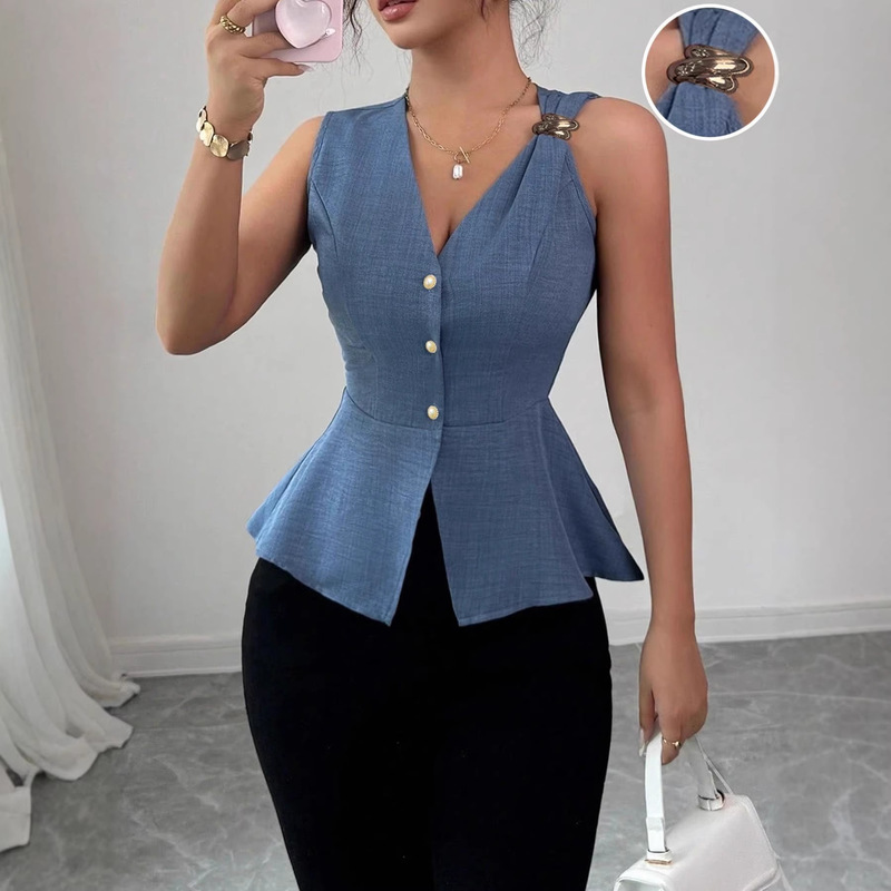 Metal Buckle Decorated Sleeveless Shirt with Waist-Cinching Hem, Slim-Fit Top, Elegant and Slimming Vest for Women, Suitable for Commuting, Foreign Trade