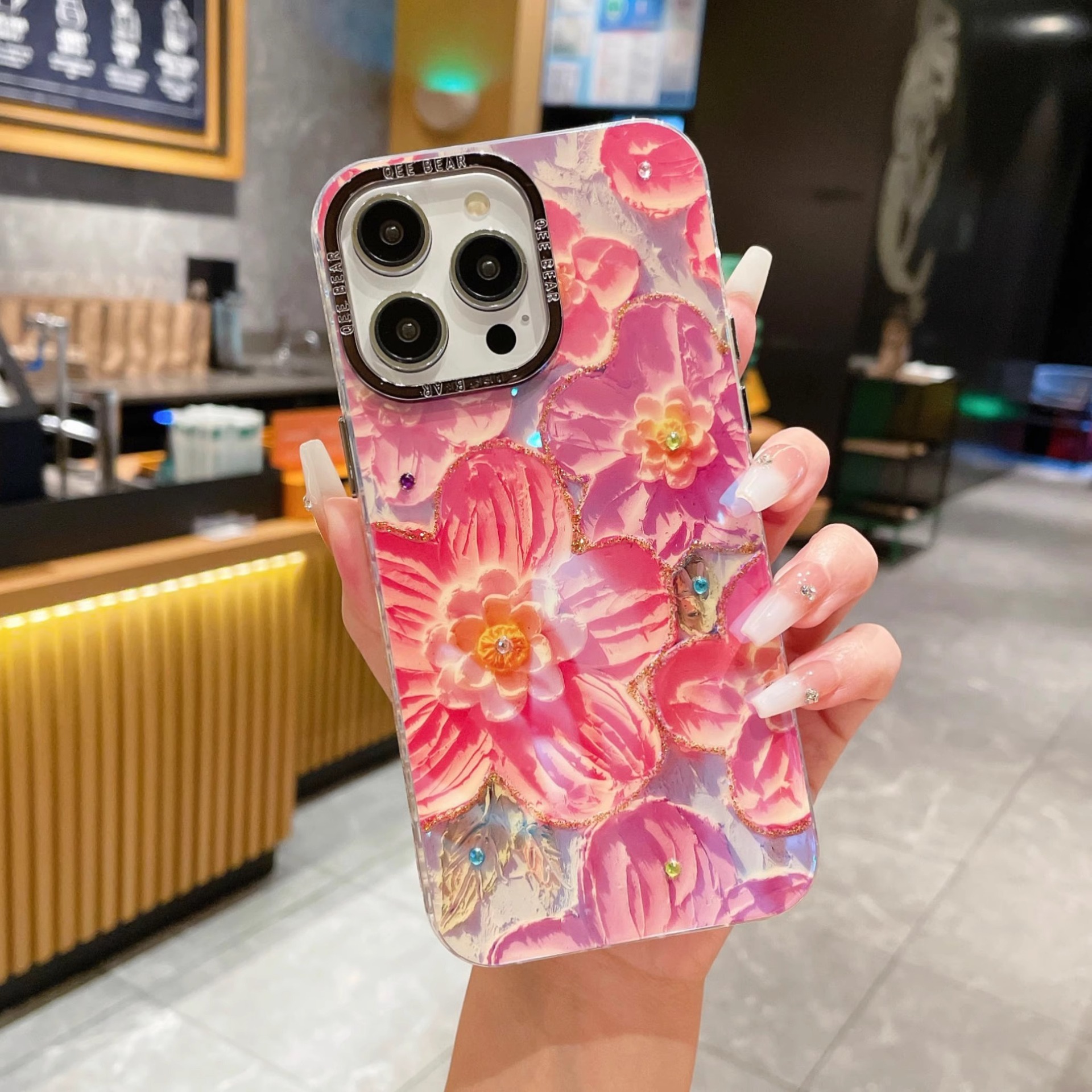 Marco metálico compatible con la funda del teléfono Apple 15, iPhone 17 Pro, resina azul claro, pintura al óleo de arcoíris, pulsera con diseño de flores