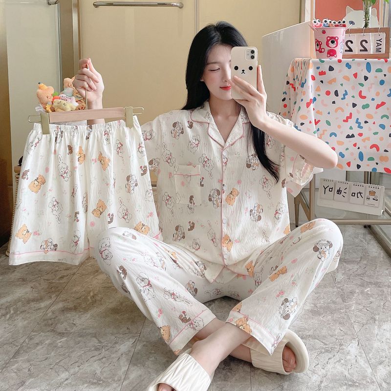国境を越えた日本と韓国のクラウドコットンパジャマ3点セット春夏レディースプリントかわいいホーム服漫画スーツ新しいスタイル|undefined