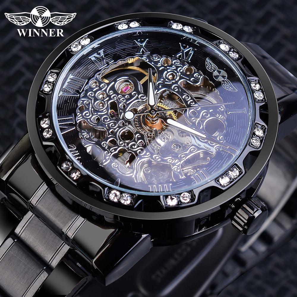 GANADOR 614 hombres correa de acero reloj mecánico hueco transparente inferior rhinestone moda manual reloj mecánico