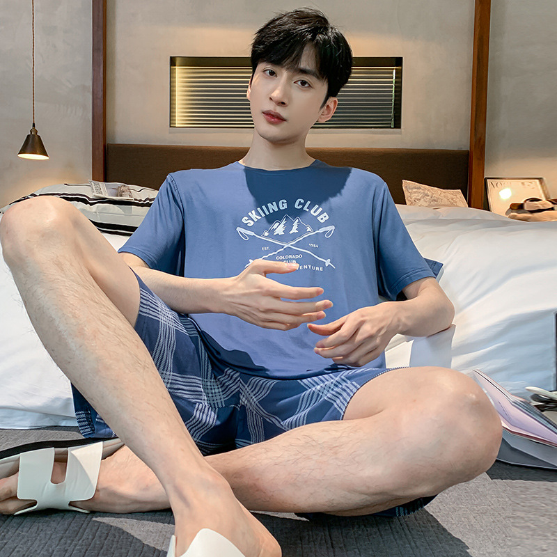 Verano de los nuevos hombres de manga corta modal pijamas casuales simples pantalones cortos a cuadros traje de ropa para el hogar en el extranjero al por mayor
