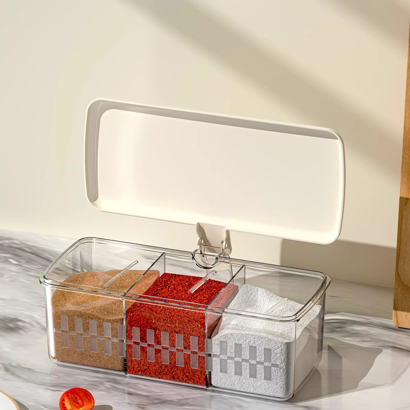 Caja de condimentos, caja de condimentos, sal, glutamato monosódico, caja de condimentos, caja de condimentos, plástico de grado alimenticio, sellado, condimento, cuchara incorporada