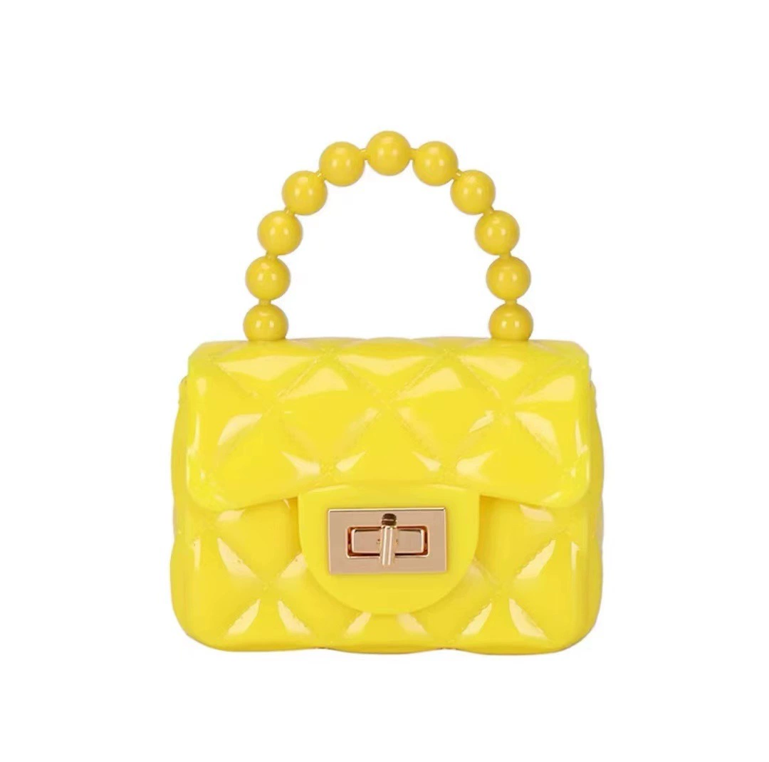 Small quilted handbag with bead handle and chain, compact 13×5×9 cm, multiple colors
