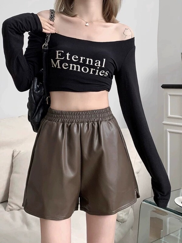 Black High Waist Leather Pants Shorts Women's Summer plus size Chubby MMA Wide Leg PU Leather Pants Tight Waist Casual Trendy Pants